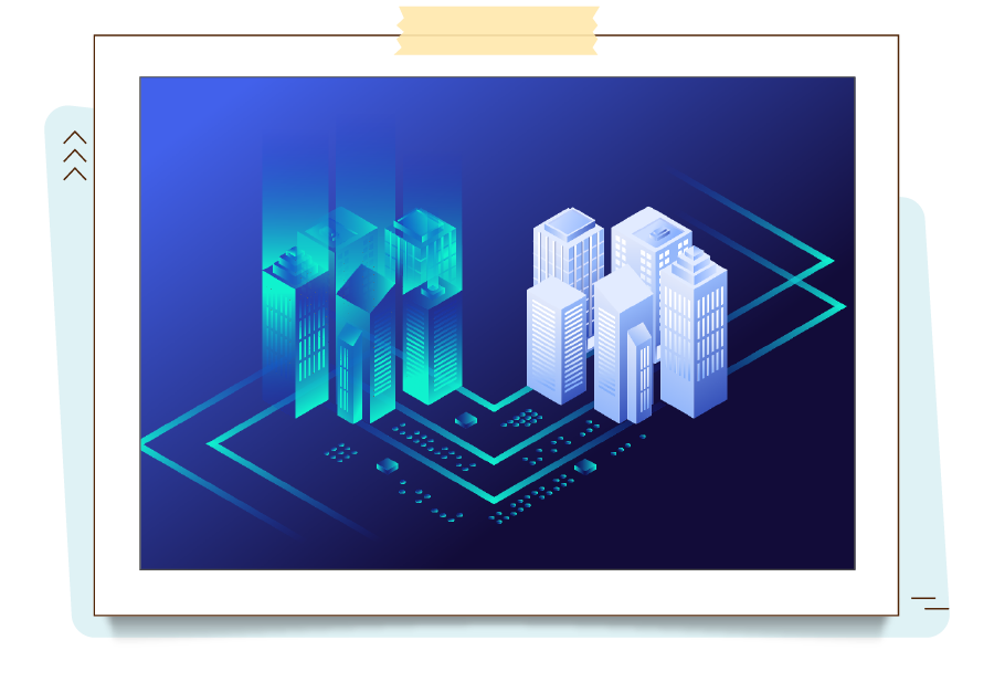 A imagem mostra uma ilustração que representa a aplicação de Gêmeos Digitais na construção civil com o modelo virtual do edifício projetado na esquerda e a volumetria da construção concluída na direita.
